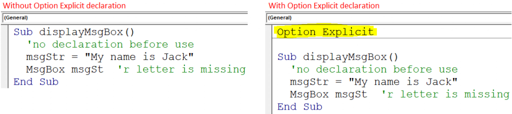 Sub run with and without Option Explicit declaration in VBA