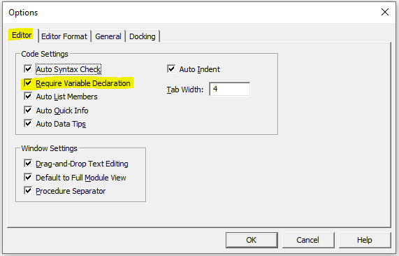 VBA declare Option Explicit automatically option in VBA IDE