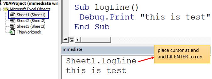 immediate window to run subroutine in vba