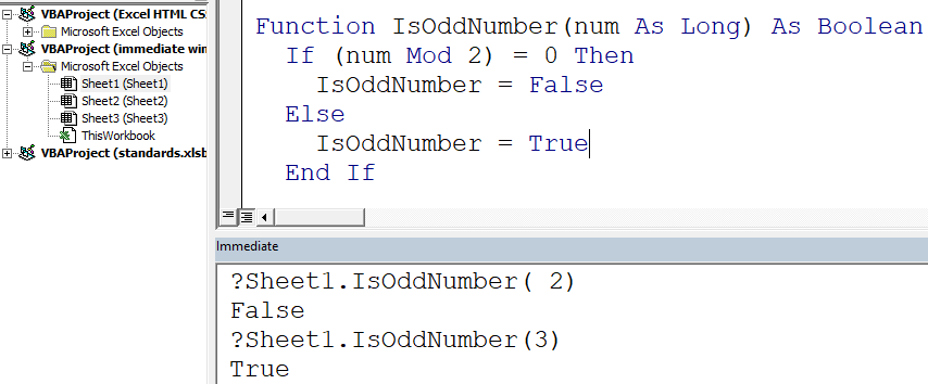 test function output in VBA immediate window