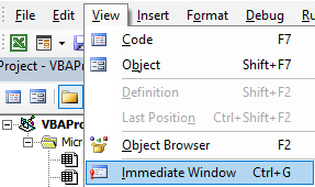 view immediate window in VBA IDE