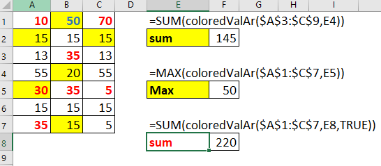 Sum based on color in excel using VBA UDF example2