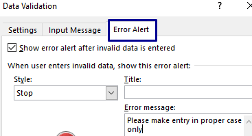 Error alter in Excel data validation