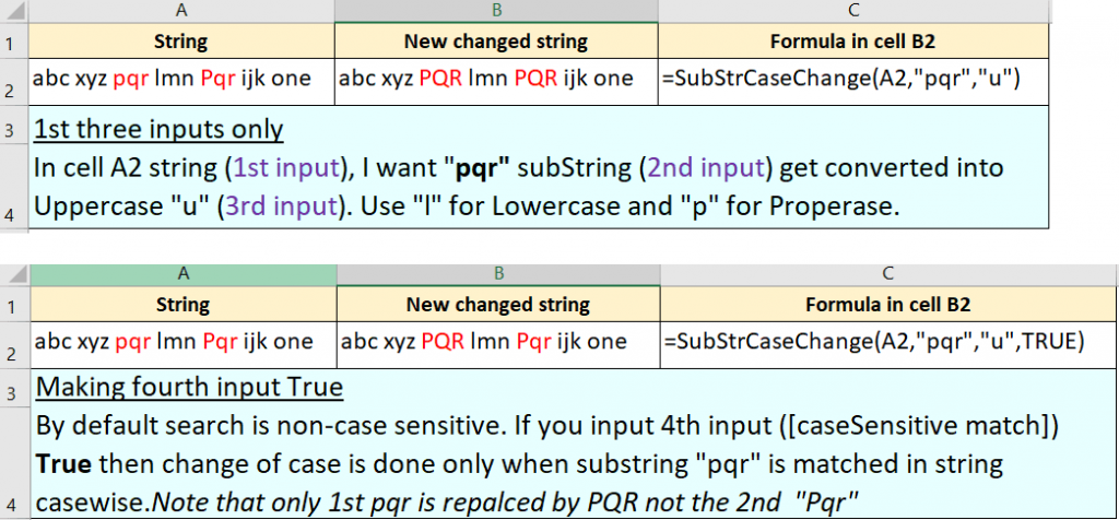 change case of specific word or letter in string in Excel with examples 1