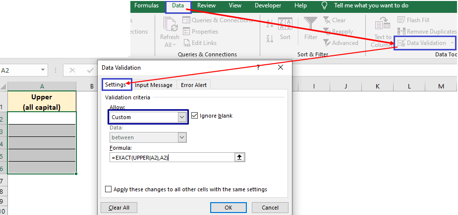 specific case entry in excel using data validation