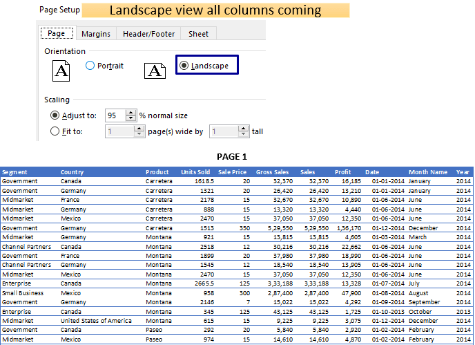 Excel page print landscape view (landscape orientation)