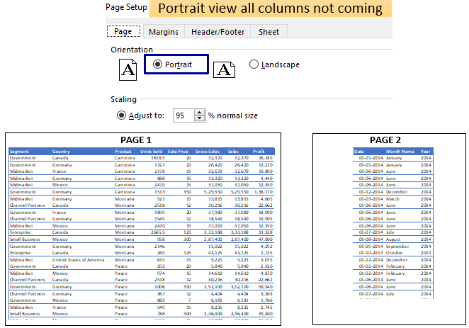 Excel page print portrait view or orientation