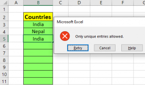 Data validation duplicate entry error message