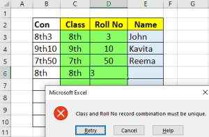 data validation duplicate entry multiple column error message