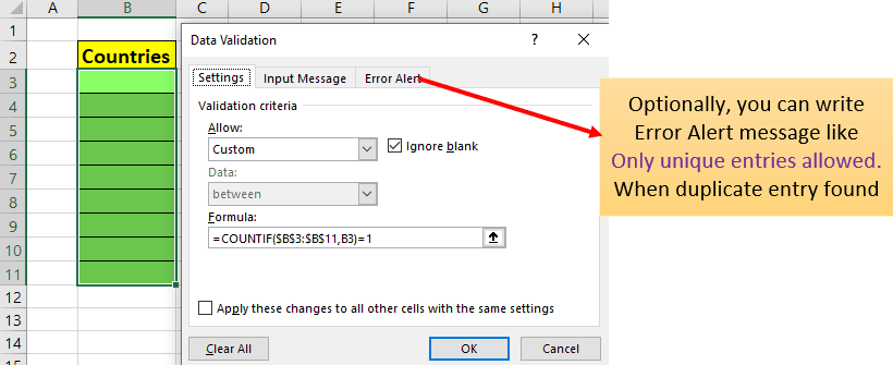 Prevent duplicate entries using data validation in Excel