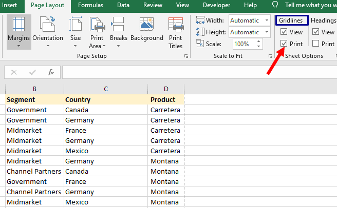 Excel print gridlines