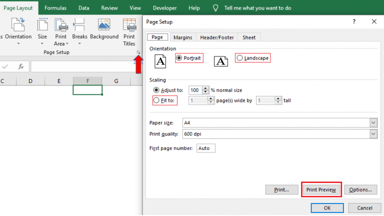 Excel print page setup pane