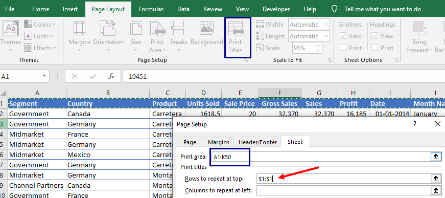 Excel print top row on every page