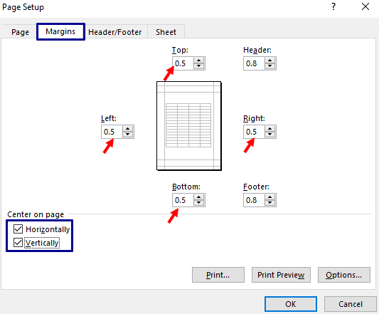 Excel Print Page margin setu