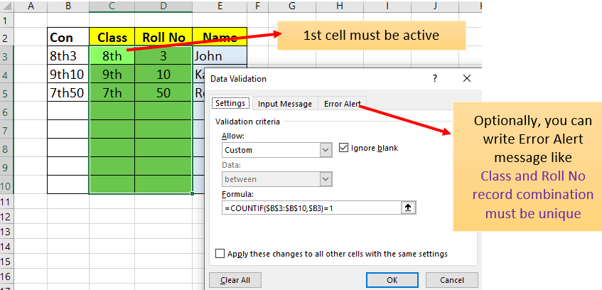 Prevent duplicate entry in multiple columns in Excel 3