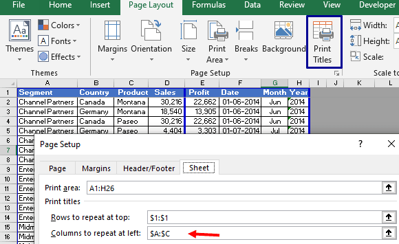 Repeat columns in Excel print