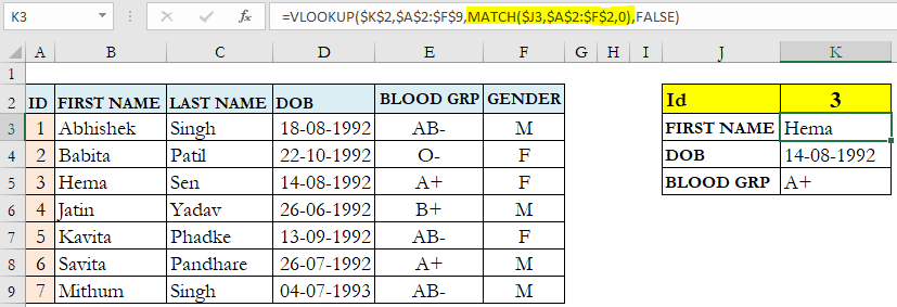 Vlookup and match formula combination to make lookup column dynamic