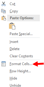 Excel format cells using right mouse click