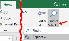 Find and Replace option in Excel ribbon