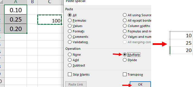 Remove percent sign in Excel paste special