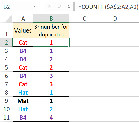 Assign serial number to duplicate values in Excel method 1