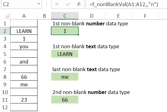 Excel VBA - get first and last non blank value in a range based on data type