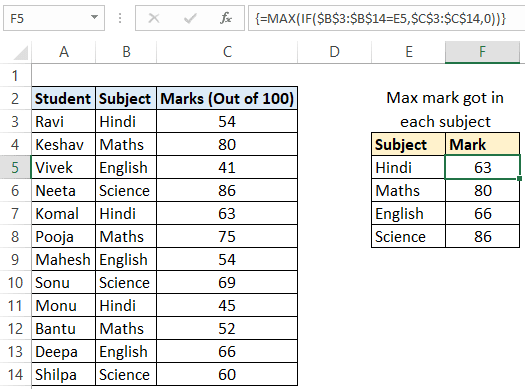 Excel Max if array formula