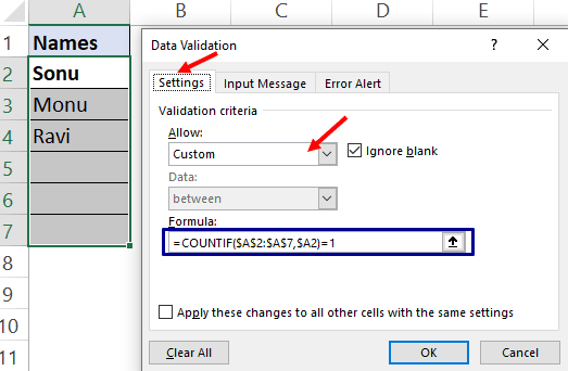 Prevent duplicate entries with data validation in Excel