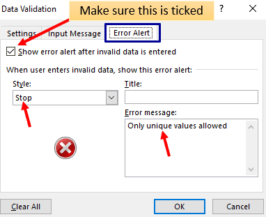 error alert in data validation
