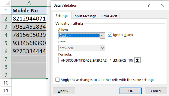 Excel restrict duplicates along with character length limit 2