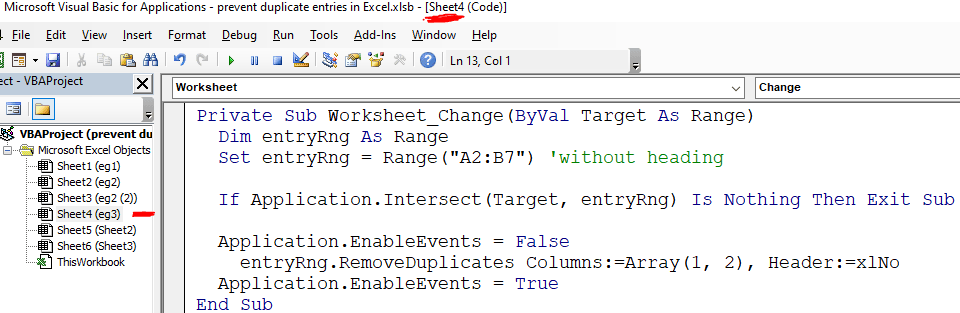 Excel VBA prevent to duplicate entry in range