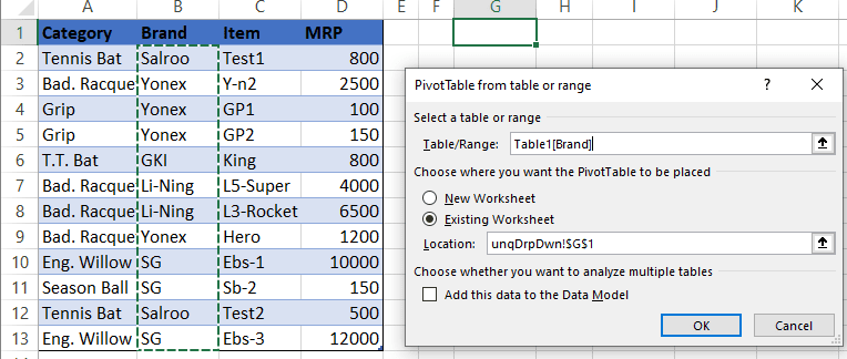 prevent duplicate values in Excel drop down list using pivot table