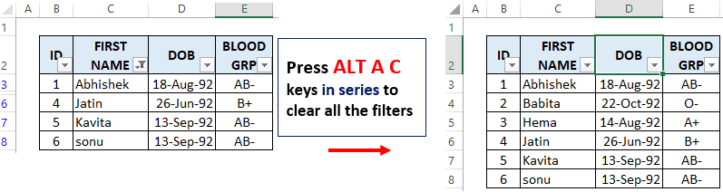 press ALT A C keys to clear all the filter in Excel