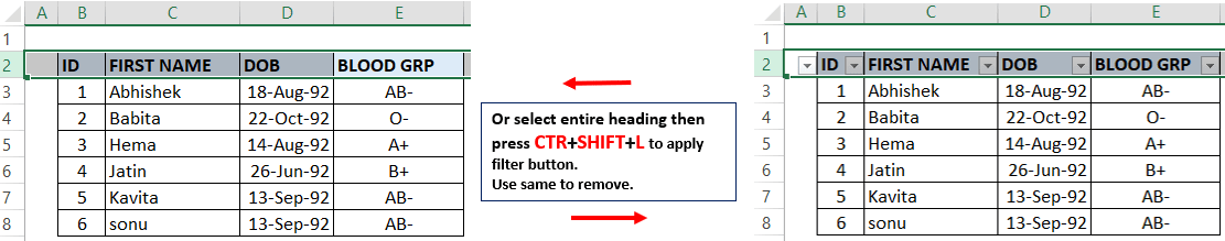 CTRL+SHIFT+L Excel keyboard shortcut to bring filter drop down apply filter shortcut key