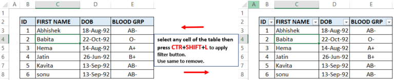 CTRL+SHIFT+L Excel keyboard shortcut to bring filter drop down apply filter shortcut key