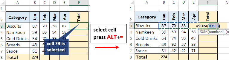 Sum function shortcut key in Excel