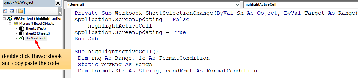 highlight active cell in all worksheets