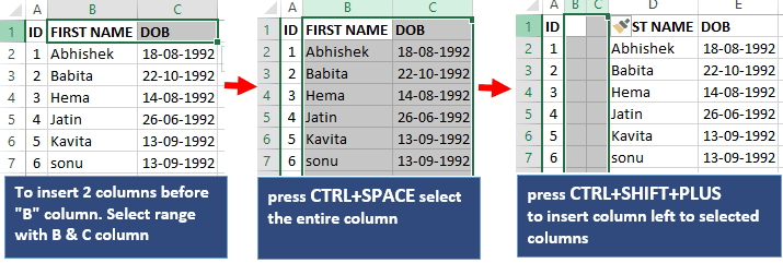 Insert columns in Excel shortcut key