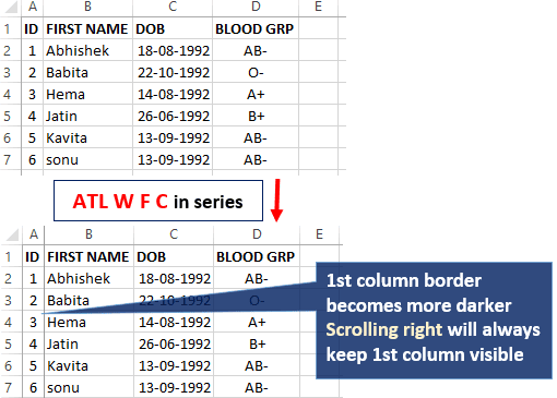 keep first column visible while scrolling right in Excel. Freeze first column shortcut key