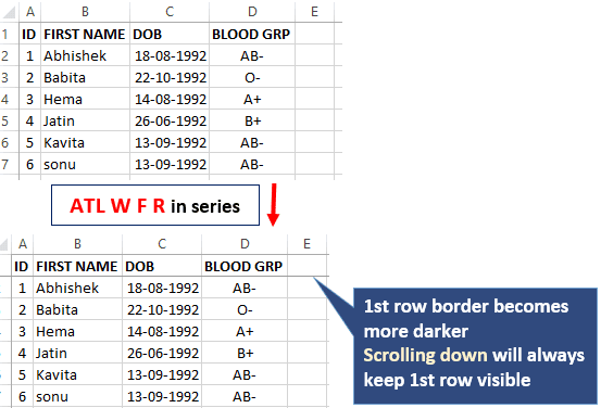 keep first row visible while scrolling down in Excel. Freeze first row shortcut key