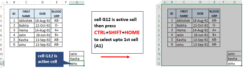 Excel shortcut key to select up to first cell from active cell