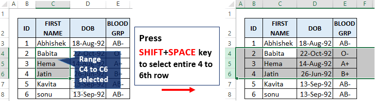 Shift+Space shortcut key to select entire multiple rows in Excel