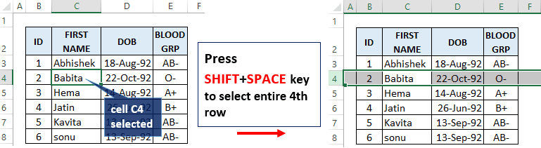 Shift+Space shortcut key to select entire single row in Excel