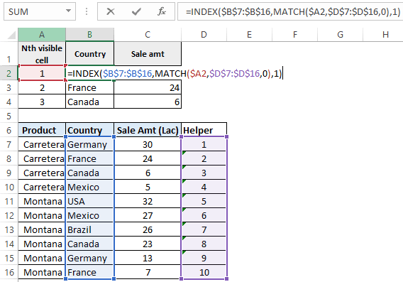 get first second visible cell value after filter Excel