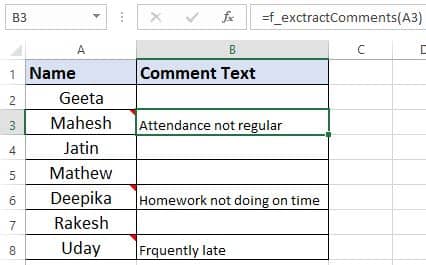 Excel formula to extract comment