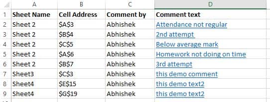 Extract all comments present in Excel workbook