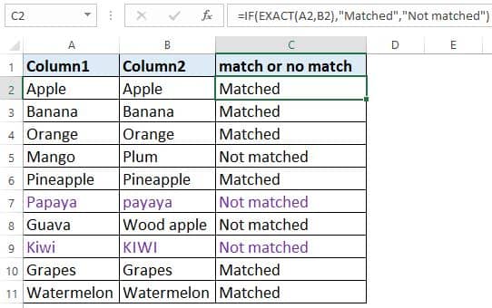 Compare two columns in Excel case wise