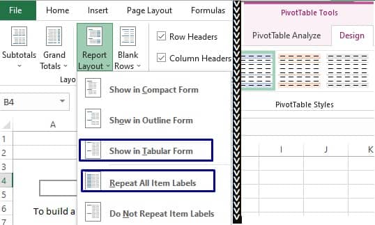 Pivot table show in tabular form and repeat all items setting